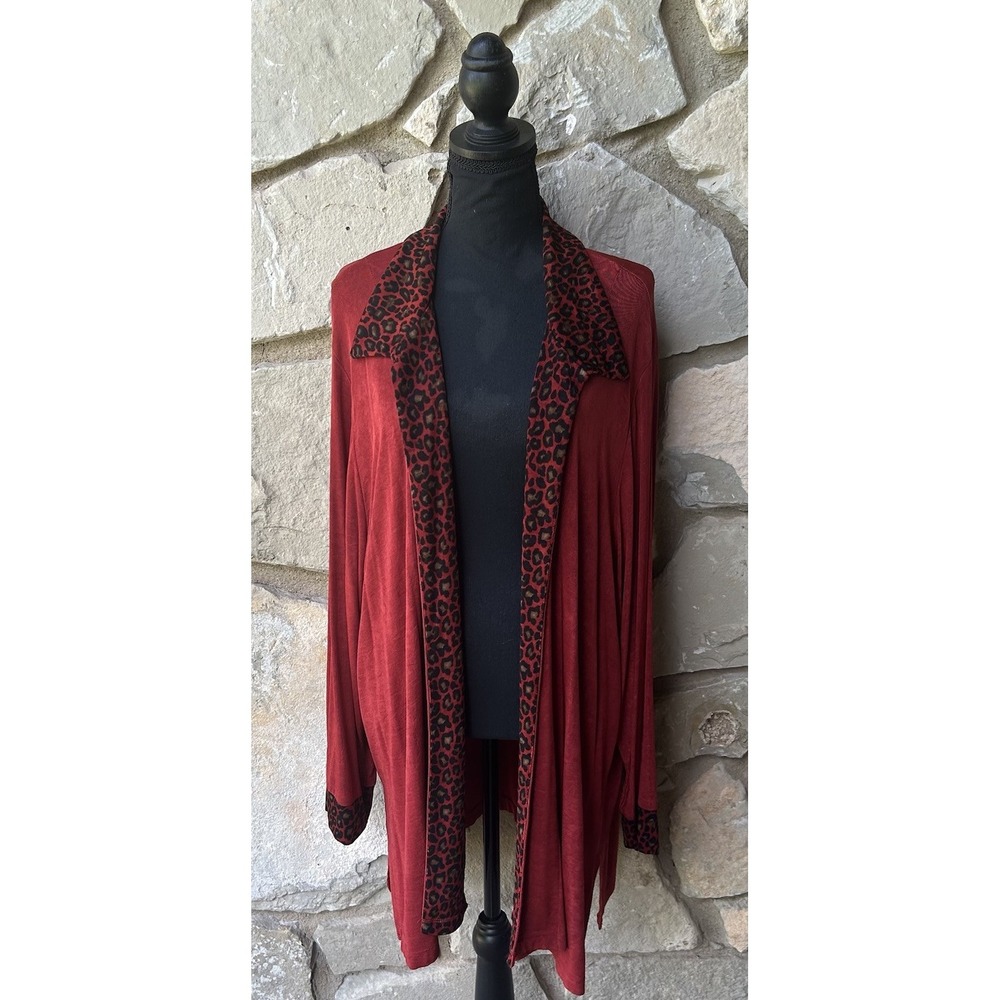 Slinky Brand Open Front Cardigan Jacket 3X Brown Easy Care Travel Knit Leopard